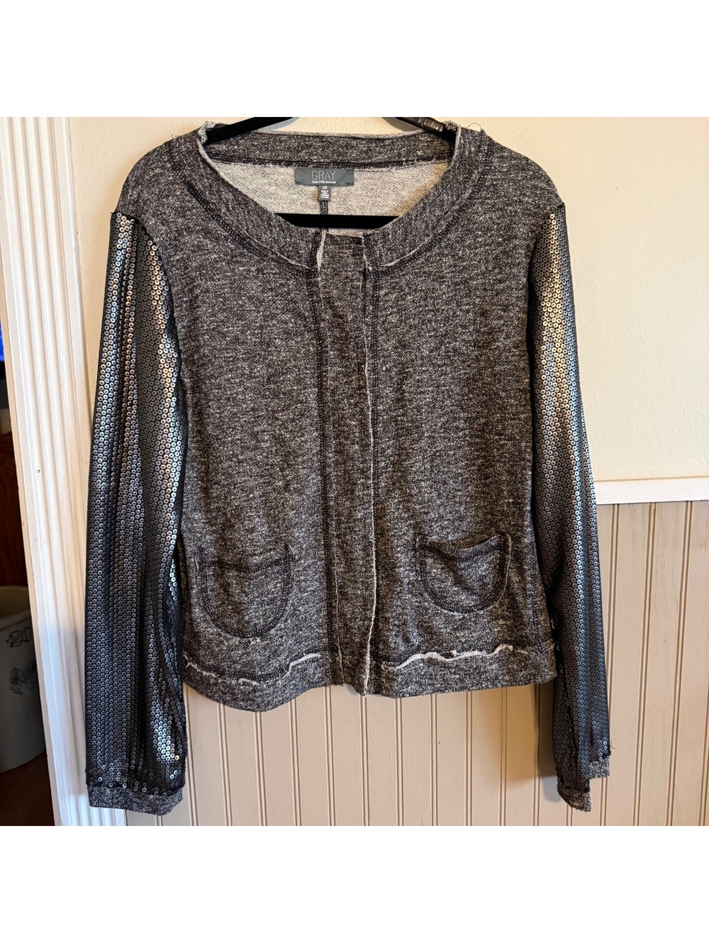 GRAY Saks Fifth Avenue Sequin Sleeve Jacket Cardigan L Raw Hem Boho